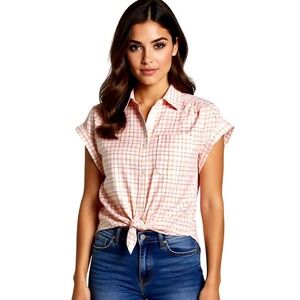 Jopaa Women's White Plaid Cap Sleeve Button Down‎ Sm NWT Shirt Tie Front